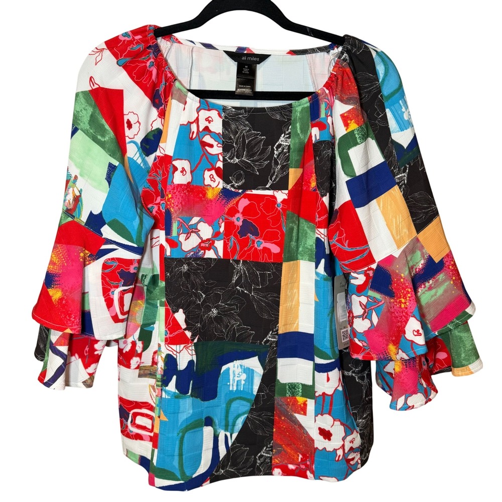 Ali Miles NWT Patchwork Pattern Bell Sleeve Blous… - image 1